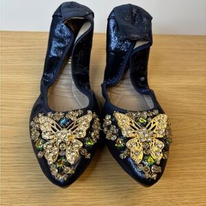 Guansitu Navy Blue Metallic Butterfly Crystal Pointed Toe Ballet Flats Womens 39